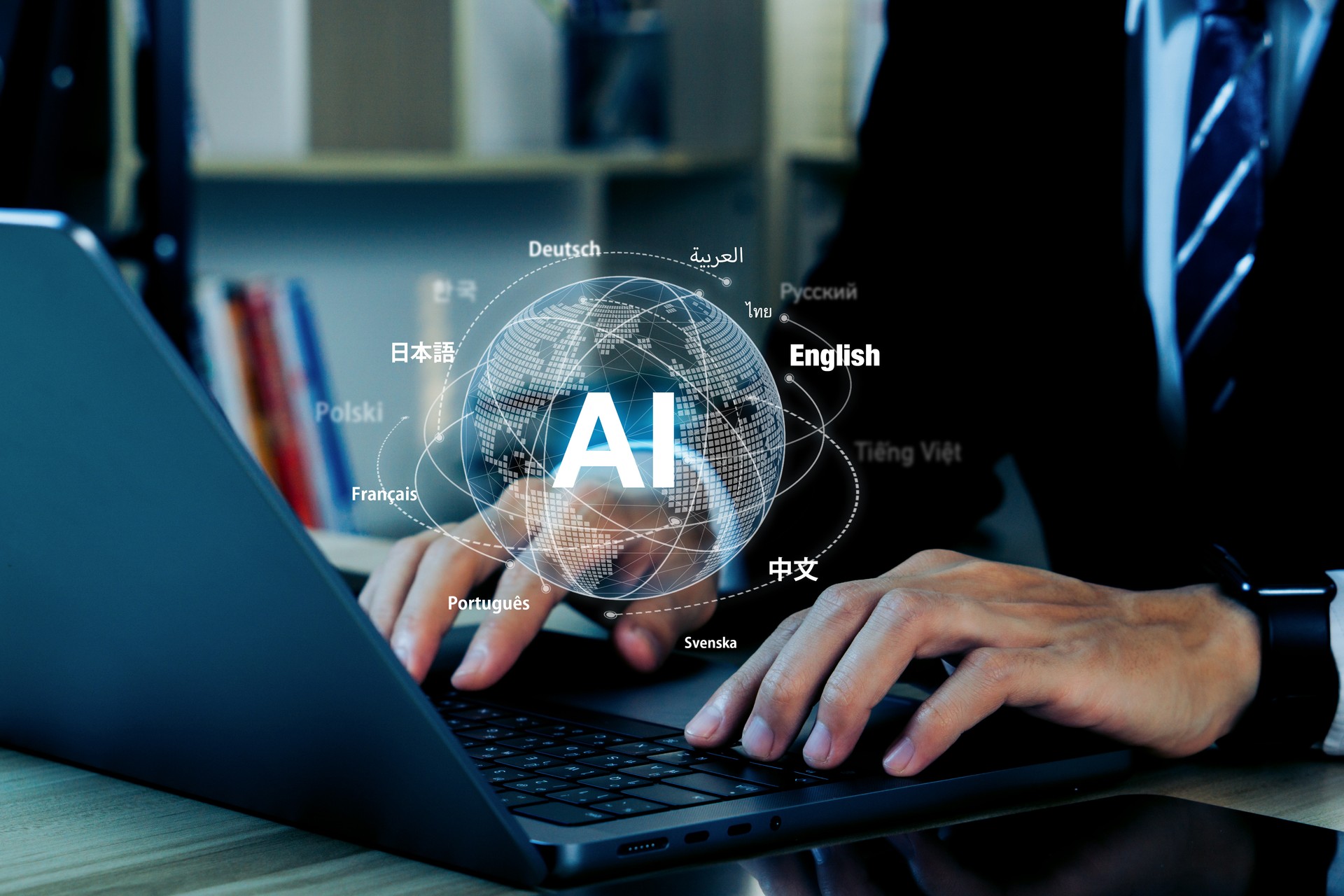 AI translate language concept. Businessman hand with ai translator with blue background, Artificial intelligence chatbot equipped with a language model technology.