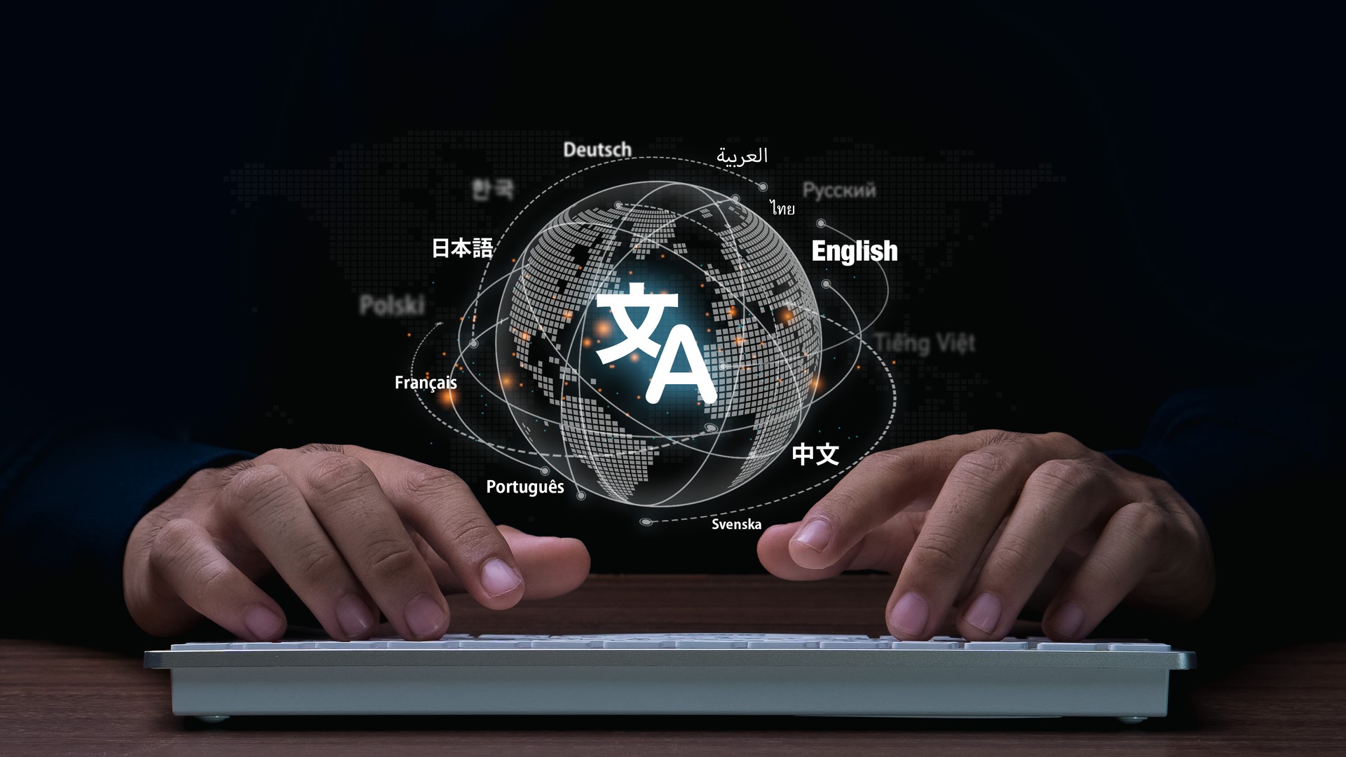 Man hand using keyboard to translation of foreign languages on website.Symbol of translation.Ai translator.Mobile app worldwide language conversation.