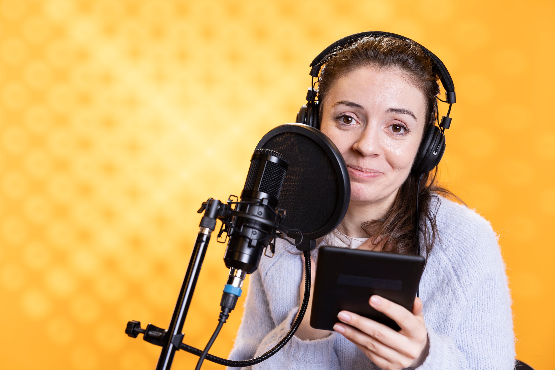 Smiling woman doing voiceover of ebook on ereader, studio background